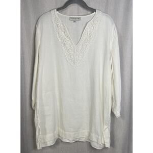 Jones New York Women’s XL Ivory 3/4 Sleeve Split Tunic Top Embroidered V-neck